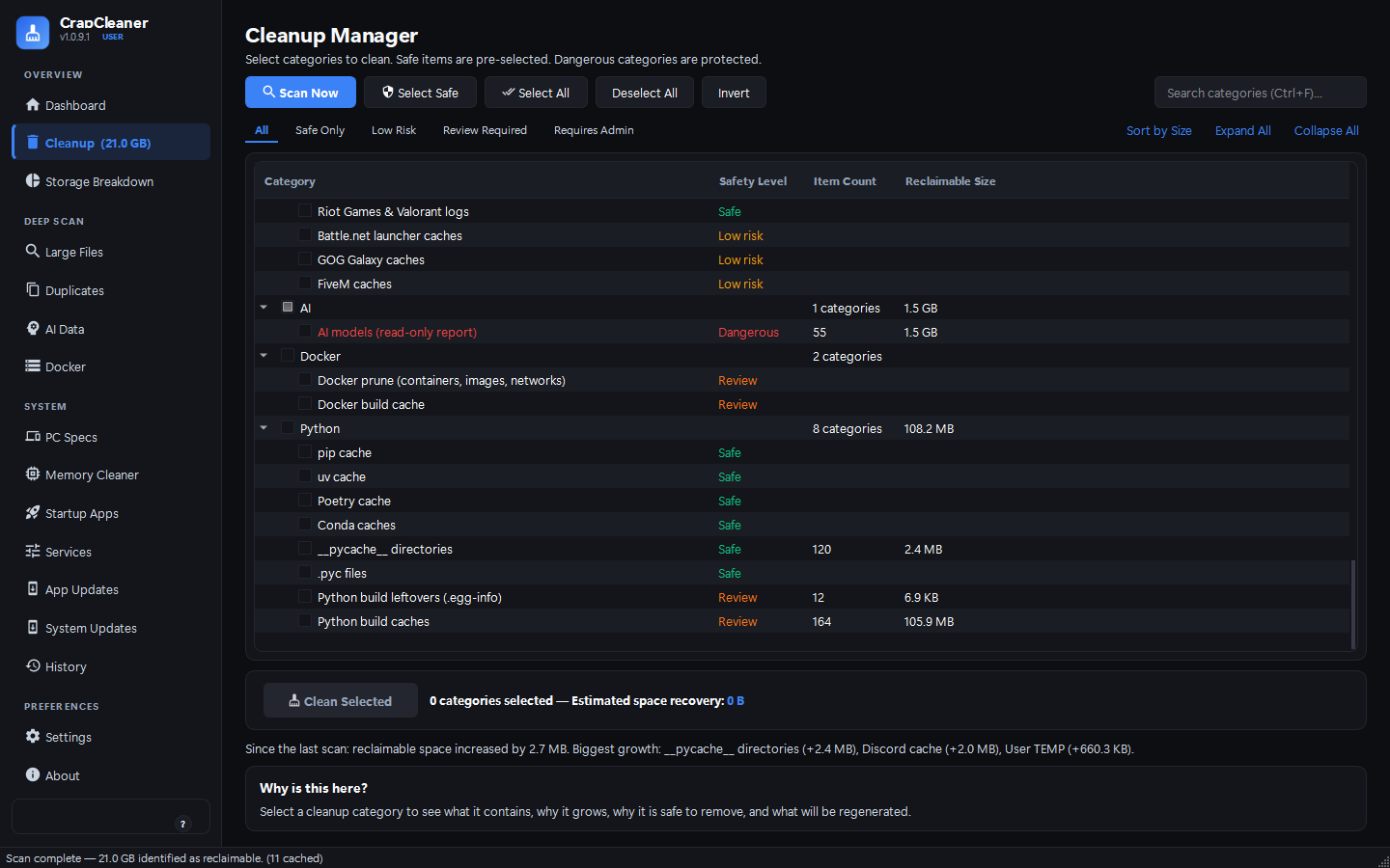 Cleanup manager listing categories grouped by application, each with a safety level, item count and reclaimable size.