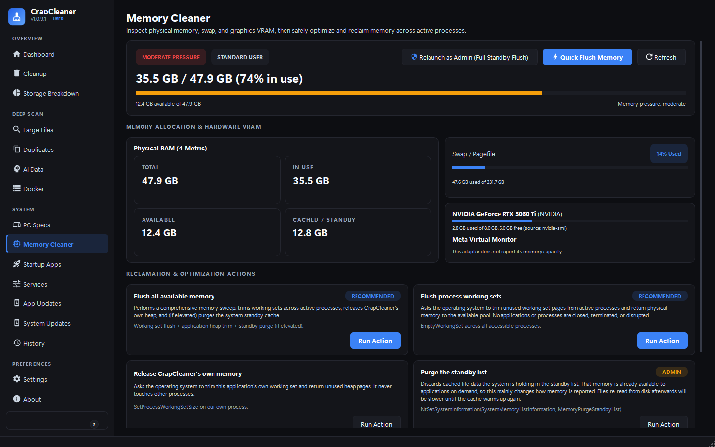 Memory cleaner showing physical RAM, swap and graphics memory alongside the reclamation actions this system supports.